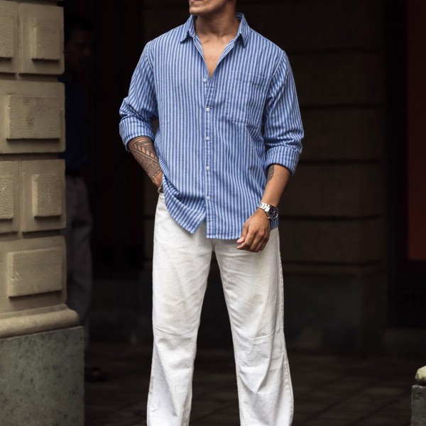 Powerlook Men Spread Collar Vertical Striped Cotton Casual Shirt