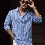 Powerlook Men Spread Collar Vertical Striped Cotton Casual Shirt