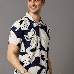 HERE&NOW Men Navy Blue & Off White Slim Fit Printed Casual Shirt