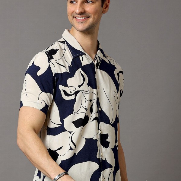 HERE&NOW Men Navy Blue & Off White Slim Fit Printed Casual Shirt