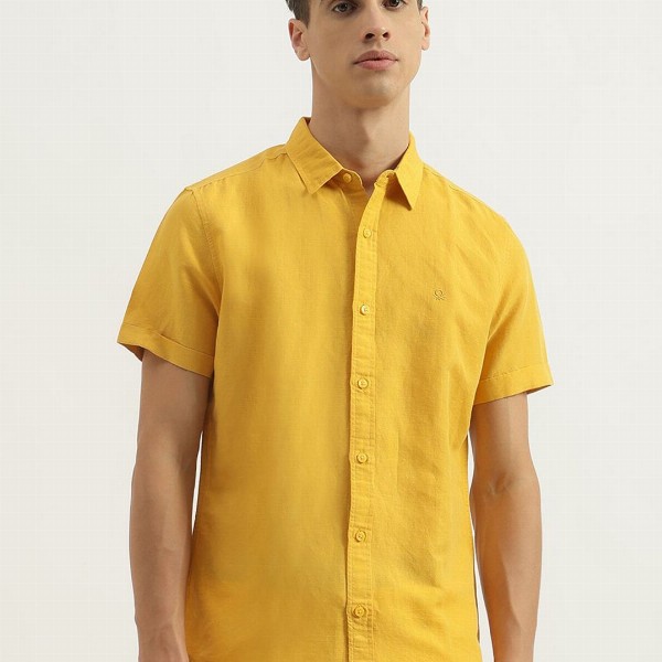 United Colors of Benetton Men Spread Collar Solid Cotton Linen Slim Fit Casual Shirt