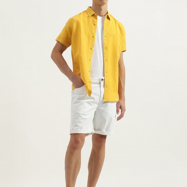 United Colors of Benetton Men Spread Collar Solid Cotton Linen Slim Fit Casual Shirt