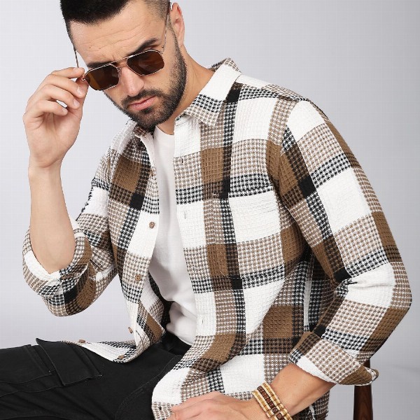 HERE&NOW Tartan Checks Spread Collar Long Sleeves Slim Fit Cotton Casual Shirt