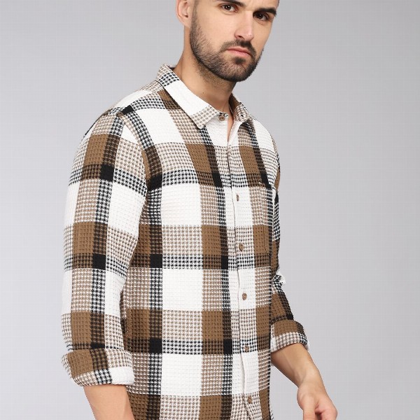 HERE&NOW Tartan Checks Spread Collar Long Sleeves Slim Fit Cotton Casual Shirt