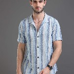 Moda Rapido blue Slim Fit Striped Short Sleeves Cotton Casual Shirt