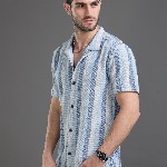 Moda Rapido blue Slim Fit Striped Short Sleeves Cotton Casual Shirt
