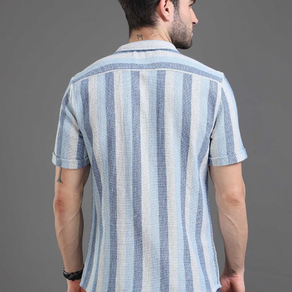 Moda Rapido blue Slim Fit Striped Short Sleeves Cotton Casual Shirt