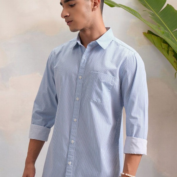 HIGHLANDER Blue Classic Slim Fit Vertical Striped Spread Collar Cotton Casual Shirt
