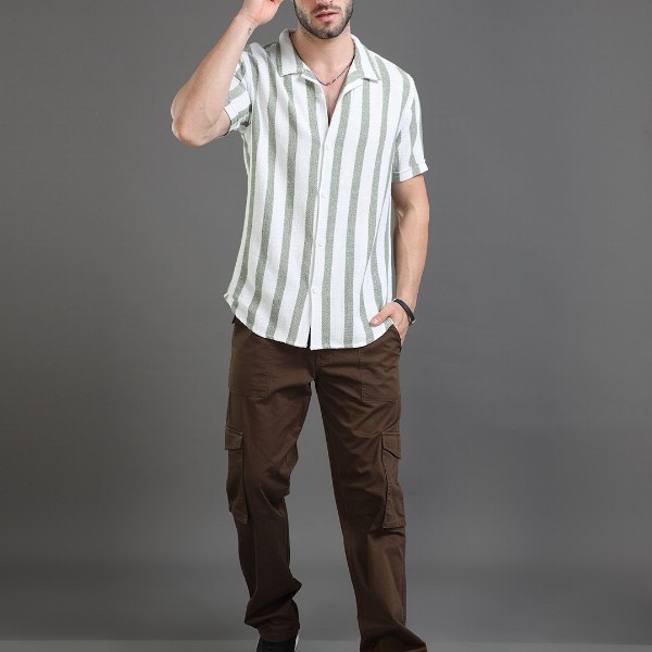 Moda Rapido White Slim Fit Striped Short Sleeves Cotton Casual Shirt