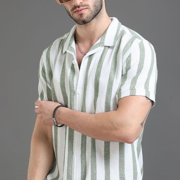 Moda Rapido White Slim Fit Striped Short Sleeves Cotton Casual Shirt