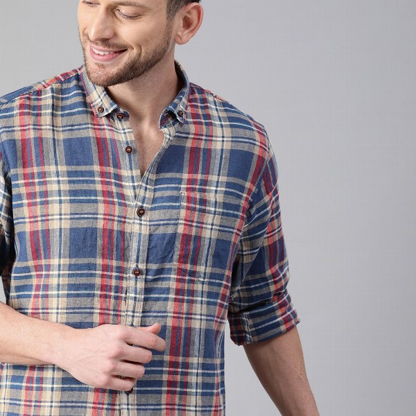 Mast & Harbour Checked Button-Down Collar Cotton Linen Casual Shirt