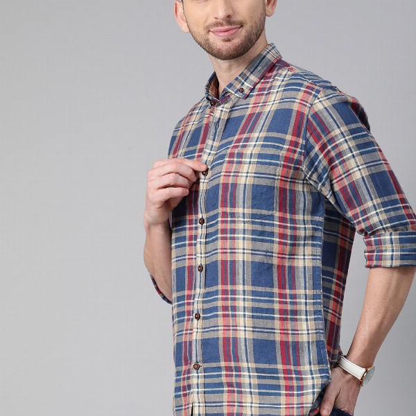 Mast & Harbour Checked Button-Down Collar Cotton Linen Casual Shirt