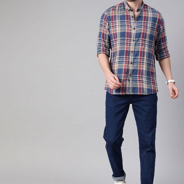 Mast & Harbour Checked Button-Down Collar Cotton Linen Casual Shirt