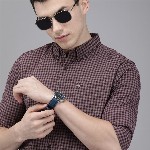 THE BEAR HOUSE Men Maroon & Pink Slim Fit Gingham Checked Cotton Shirt