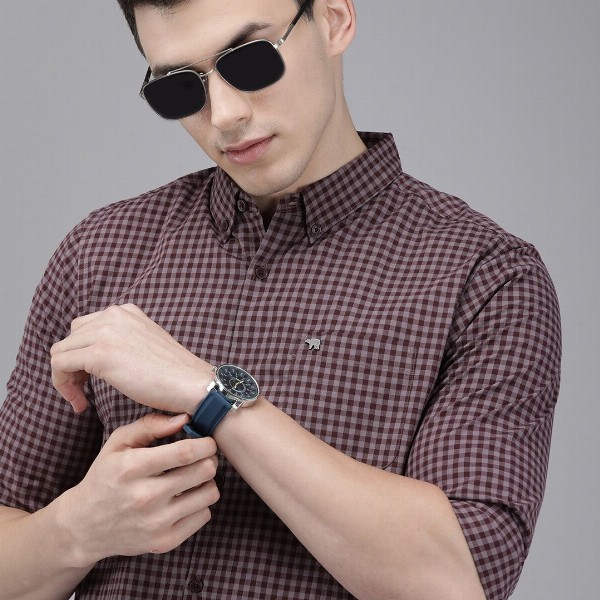 THE BEAR HOUSE Men Maroon & Pink Slim Fit Gingham Checked Cotton Shirt