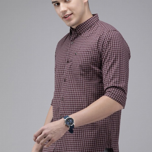 THE BEAR HOUSE Men Maroon & Pink Slim Fit Gingham Checked Cotton Shirt