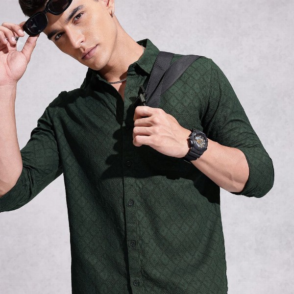 WROGN Opaque Self Design Textured Pure Cotton Casual Shirt