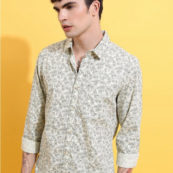 HIGHLANDER Lime Green Floral Printed Spread Collar Slim Fit Cotton Casual Shirt