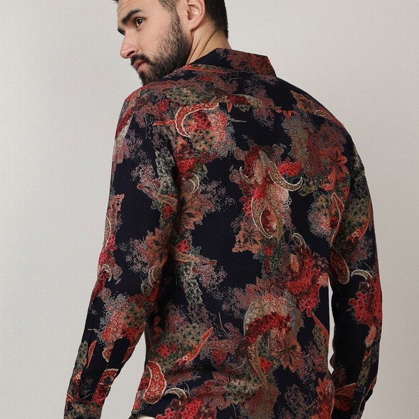 Campus Sutra Black Classic Floral Printed Spread Collar Casual Shirt