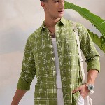 HIGHLANDER Green Classic Slim Fit Tartan Checked Spread Collar Cotton Casual Shirt