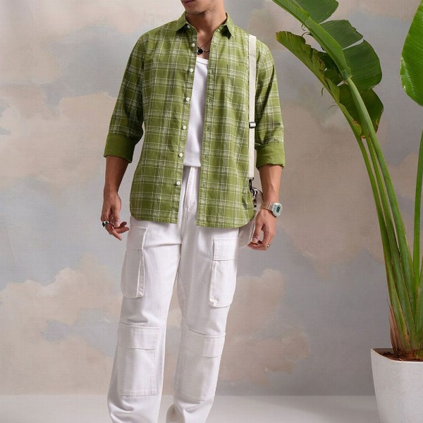 HIGHLANDER Green Classic Slim Fit Tartan Checked Spread Collar Cotton Casual Shirt