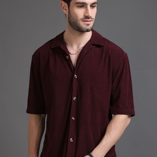 HERE&NOW Self Design Corduroy Weave Oversized Casual Shirt