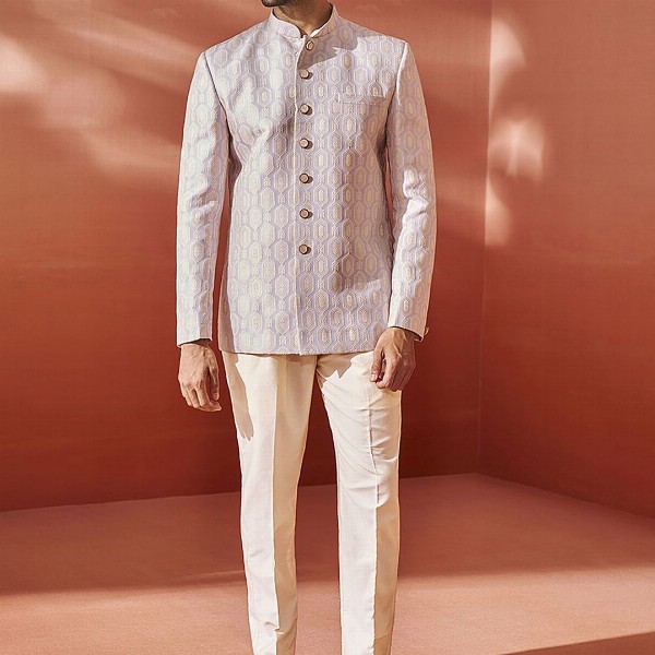 VASTRAMAY Embroidered Slim Fit Jacquard Bandhgala Blazers