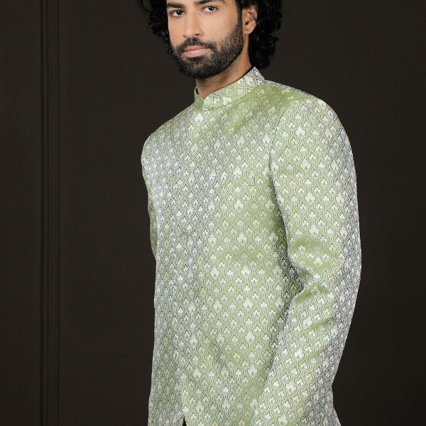 VASTRAMAY Self Design Mandarin Collar Slim Fit Single Breasted Silk Jodhpuri Blazer