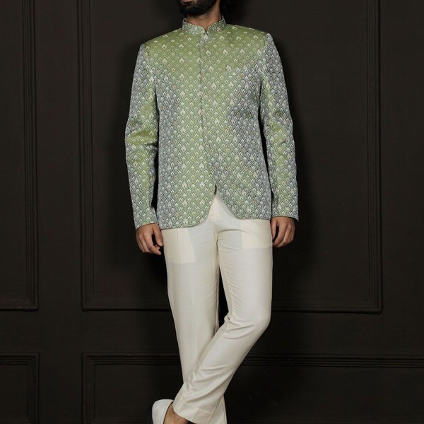 VASTRAMAY Self Design Mandarin Collar Slim Fit Single Breasted Silk Jodhpuri Blazer