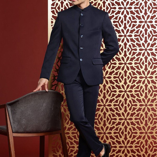 MANQ Mandarin Collar Slim-Fit Bandhgala Single-Breasted Blazer