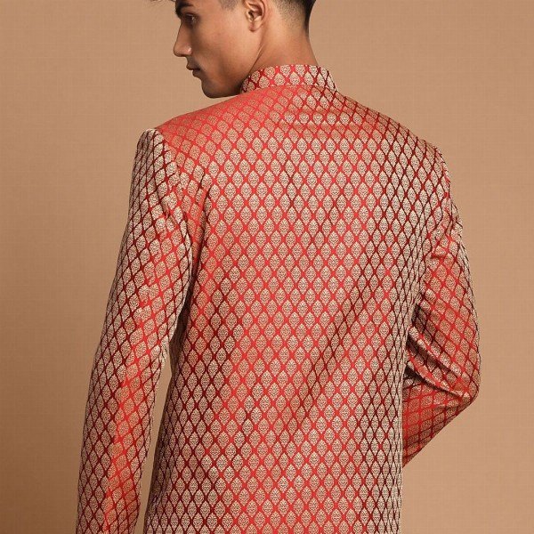 VASTRAMAY Men Maroon  Self-Design Slim-Fit Bandhgala Blazer