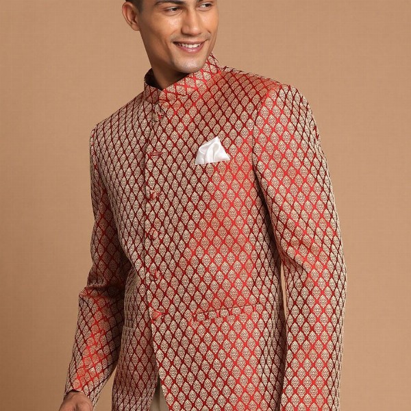 VASTRAMAY Men Maroon  Self-Design Slim-Fit Bandhgala Blazer