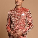 VASTRAMAY Men Maroon  Self-Design Slim-Fit Bandhgala Blazer