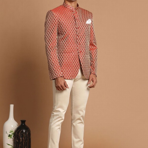 VASTRAMAY Men Maroon  Self-Design Slim-Fit Bandhgala Blazer