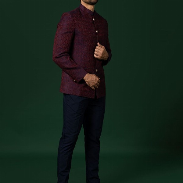 KISAH Woven-Design Bandhgala Blazer