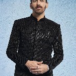 VASTRAMAY Embroidered Sequinned Mandarin Collar Slim-Fit Velvet Bandhgala Blazers