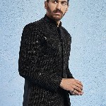 VASTRAMAY Embroidered Sequinned Mandarin Collar Slim-Fit Velvet Bandhgala Blazers