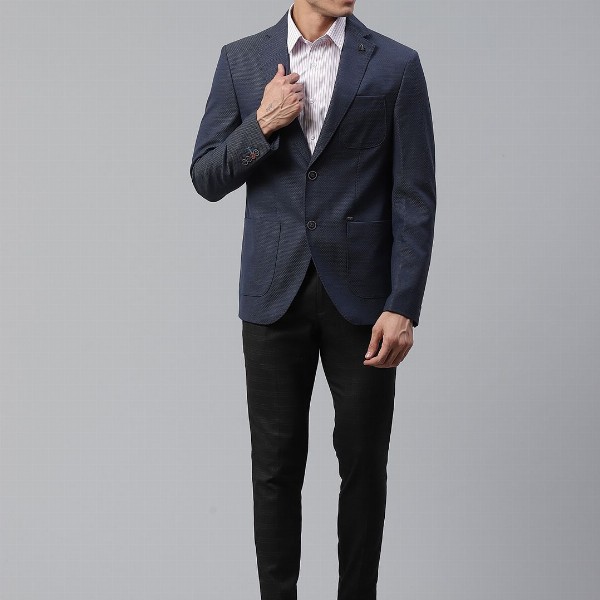 Blackberrys Men Navy Blue Textured Slim Fit Single-Breasted Formal Blazer