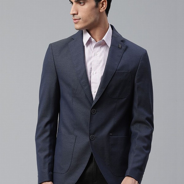 Blackberrys Men Navy Blue Textured Slim Fit Single-Breasted Formal Blazer