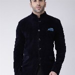 Hangup Men Blue Solid Velvet Bandhgala Party Blazer