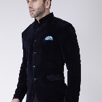 Hangup Men Blue Solid Velvet Bandhgala Party Blazer