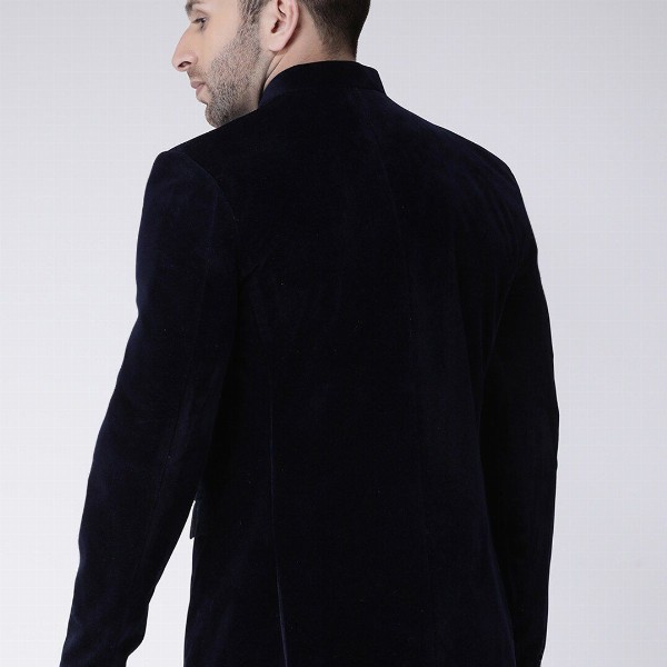 Hangup Men Blue Solid Velvet Bandhgala Party Blazer