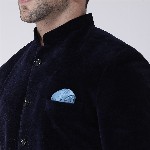 Hangup Men Blue Solid Velvet Bandhgala Party Blazer