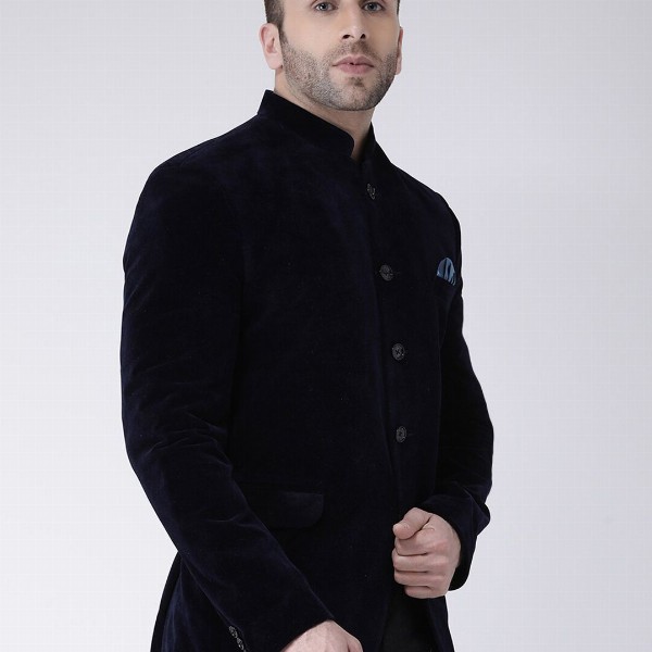 Hangup Men Blue Solid Velvet Bandhgala Party Blazer