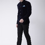 Hangup Men Blue Solid Velvet Bandhgala Party Blazer