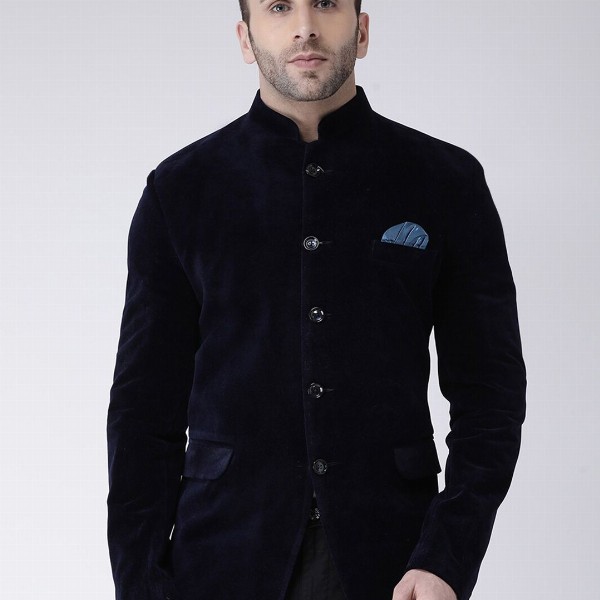 Hangup Men Blue Solid Velvet Bandhgala Party Blazer