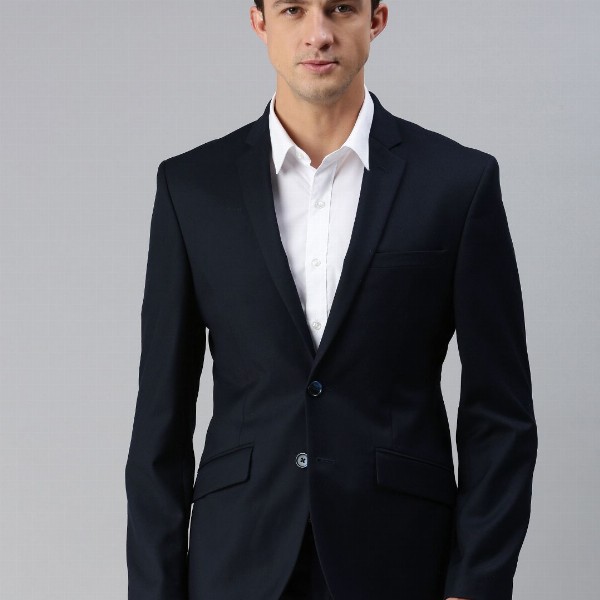 Park Avenue Men Navy Blue Super Slim Fit Solid Single-Breasted Formal Blazer