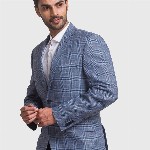 ColorPlus Men Blue Checked Single-Breasted Formal Linen Blazer